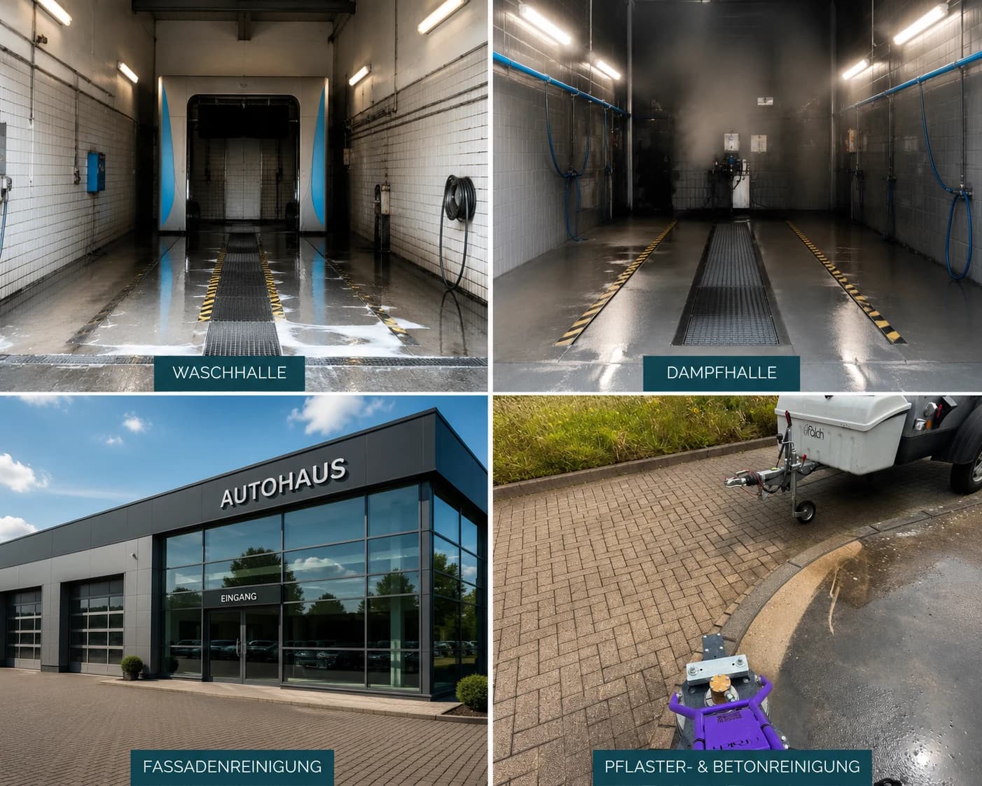 Autohausreinigung — Collage: Waschhalle, Dampfhalle, Fassadenreinigung und Pflaster- & Betonreinigung
