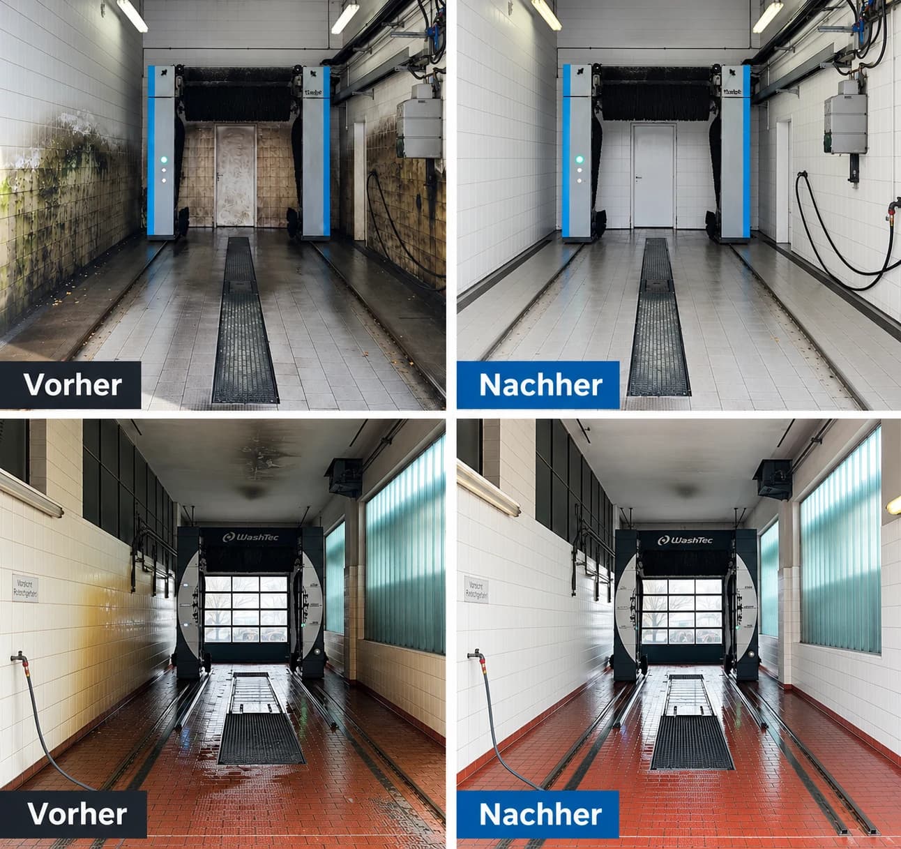 Waschhallenreinigung Vorher-Nachher — zwei Waschhallen mit Vorher- und Nachher-Ansicht