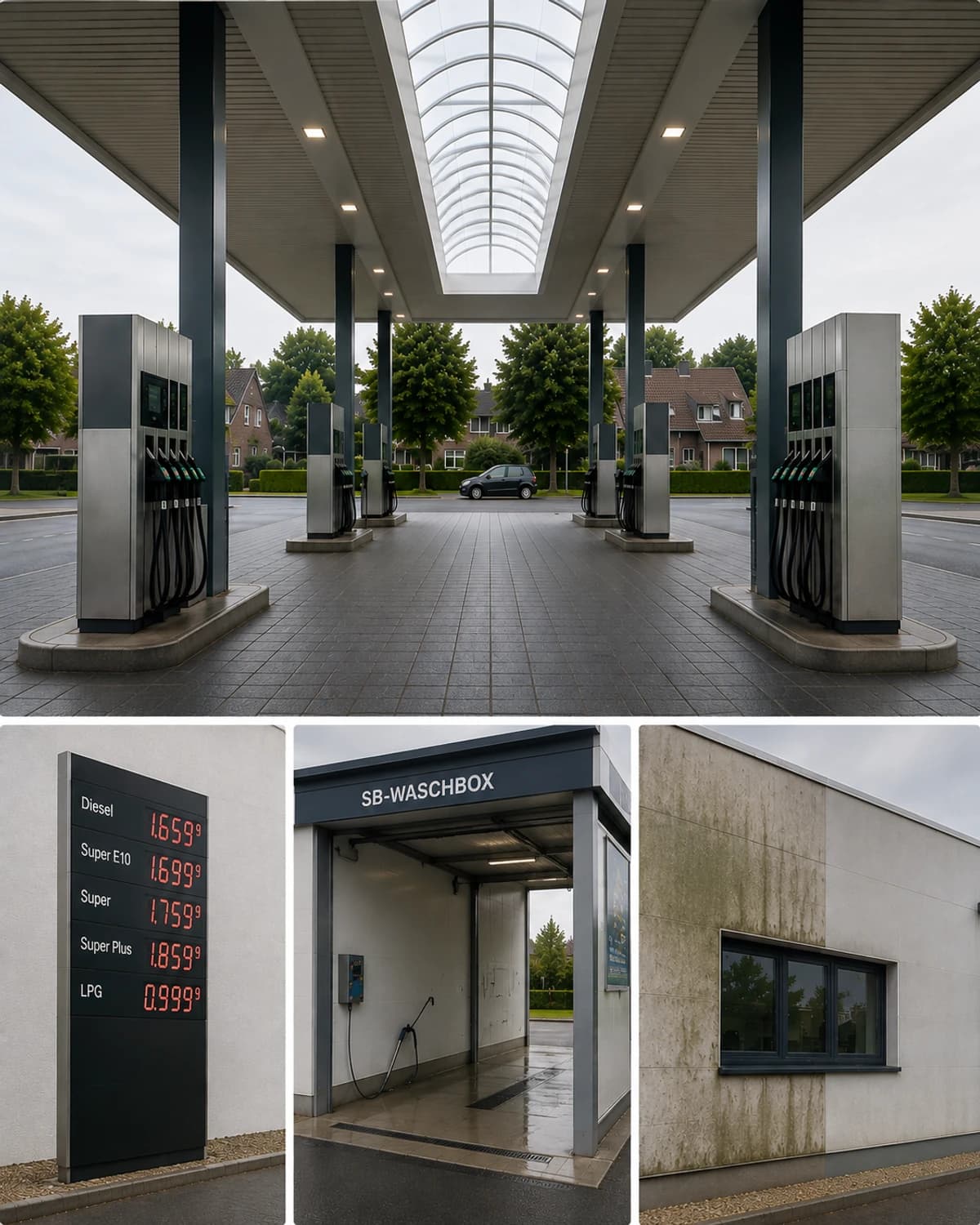 Mehrteilige Tankstellen-Collage: Vorplatz mit Vordach, Lichtkuppel und Zapfsäulen, Preismast, SB-Waschbox und Fassadenbereich