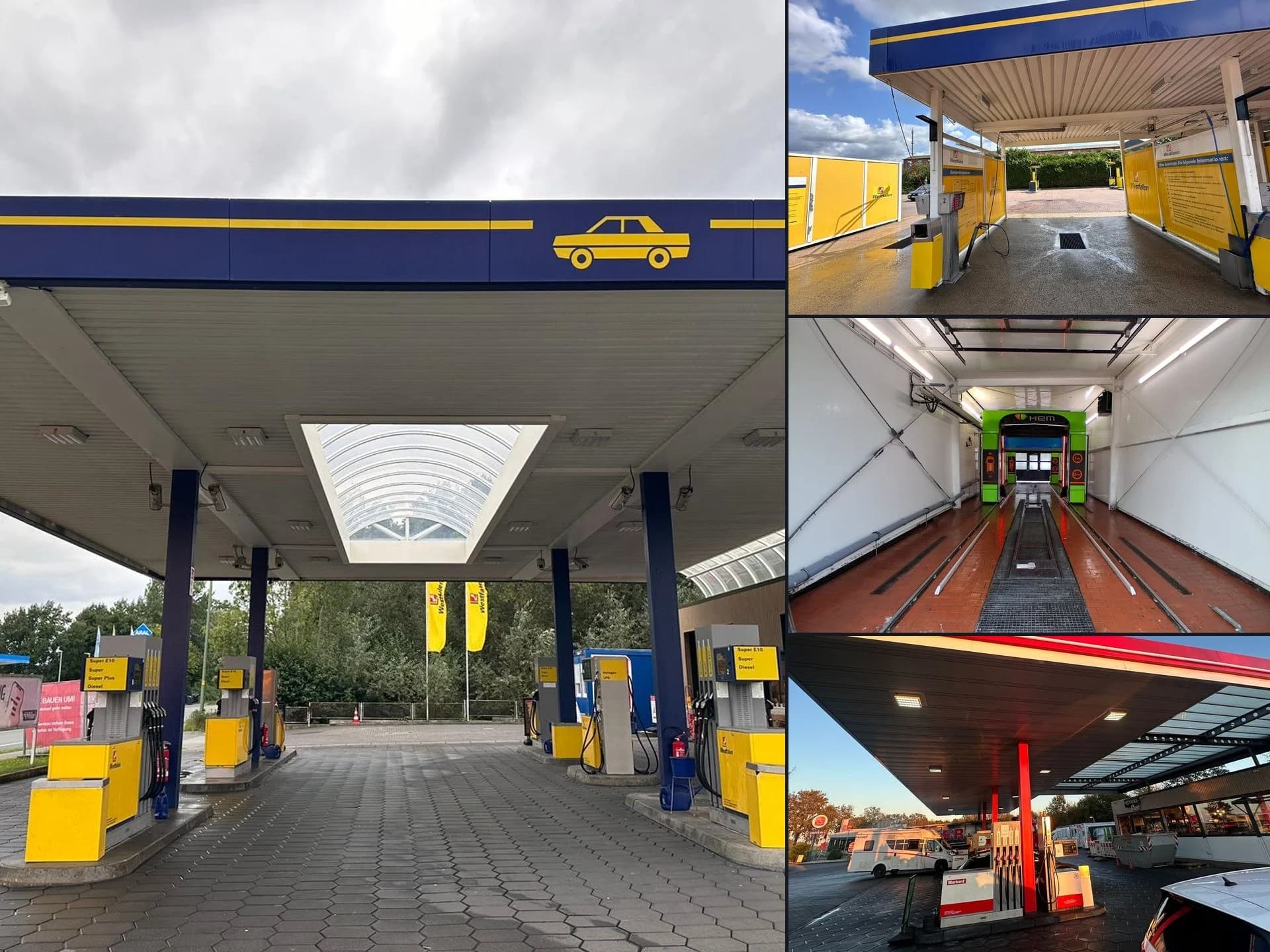 Tankstellenreinigung — Hero-Collage: Vorplatz mit Vordach und Zapfsäulen, SB-Waschbox, Waschhalle und Tankstellenvorplatz in Abendstimmung